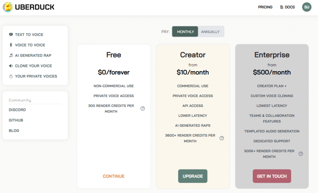 UberDuck Pricing Page